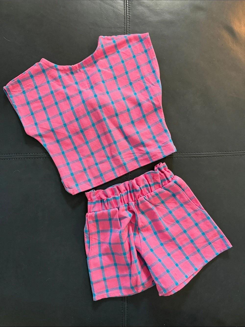 FOLKLORE Pink & Blue Plaid Two-Piece Crop Top and Shorts Set